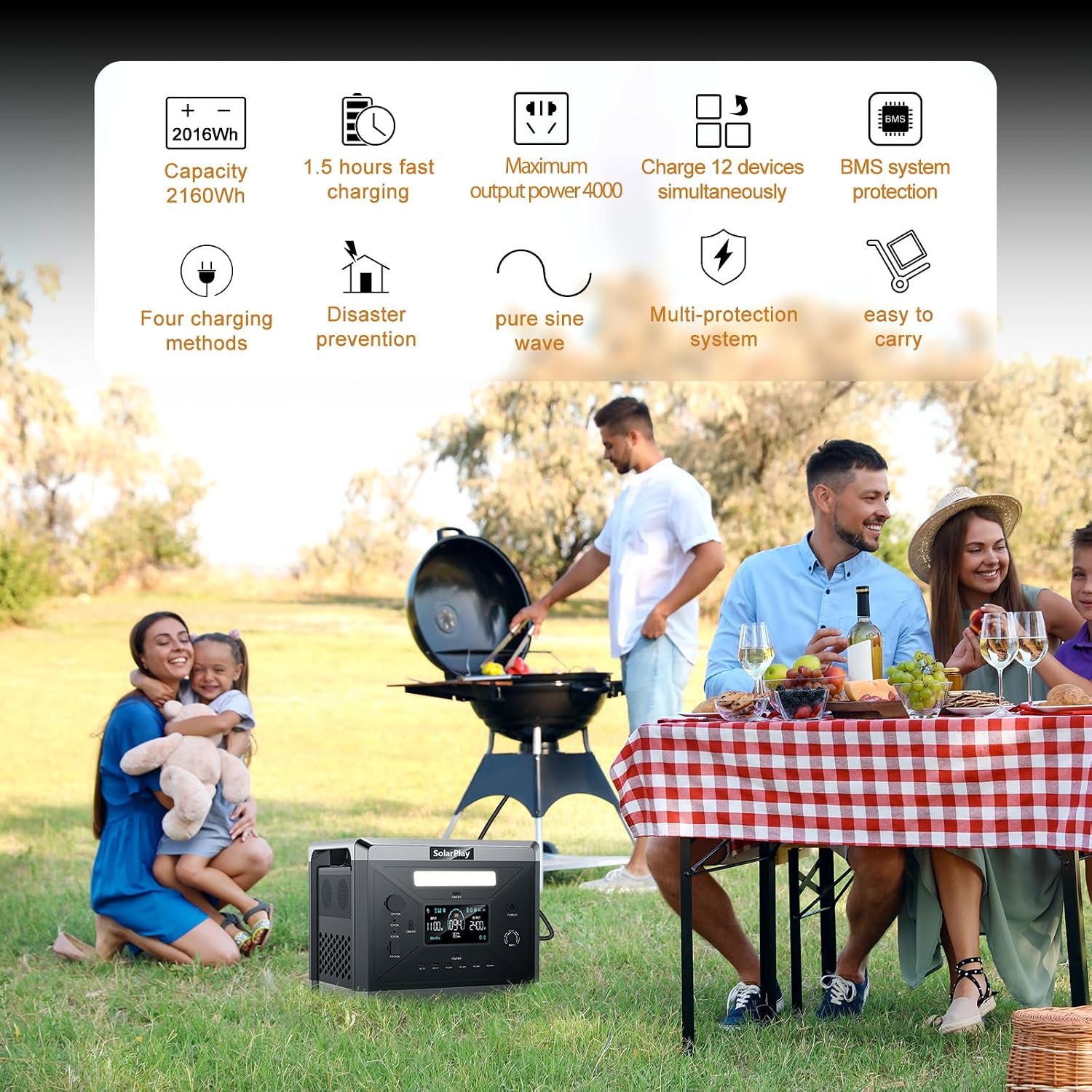 SolarPlay Portable Power Station, Q2501 2400W/2160Wh Large Capacity Solar Generator with 200W Solar Panel, BMS Emergency Power Station for Home Backup, Camping, Outdoor Battery Backup