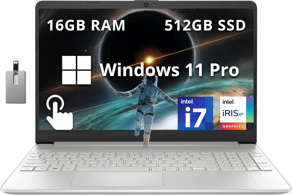 HP 15.6' FHD Touchscreen Business Laptop, Intel i7-1255U, 16GB RAM, 512GB PCIe SSD, Intel Iris Xe Graphics, Num Pad, Webcam, Windows 11 Pro, Natural Silver, 32GB Hotface USB Card