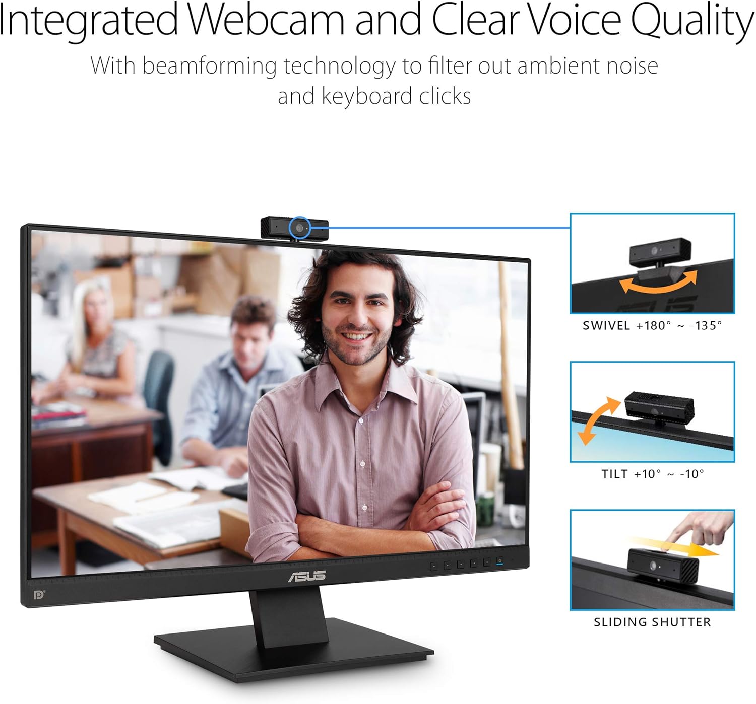 ASUS BE24EQK 24' Business Monitor with 1080P Full HD IPS, Eye Care, DisplayPort HDMI, Frameless, Built-in Adjustable 2MP Webcam, Mic Array, Stereo Speaker, Video Conference,Black