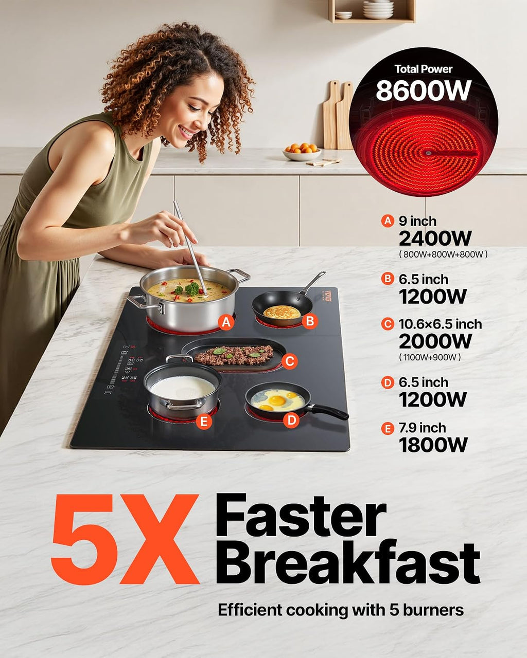 VEVOR Built in Electric Stove Top, 30 inch 5 Burners Ceramic Cooktop, 240V Glass Radiant Cooktop with Sensor Touch Control, Timer & Child Lock Included, 9 Power Levels for Simmer Steam Slow Cook Fry