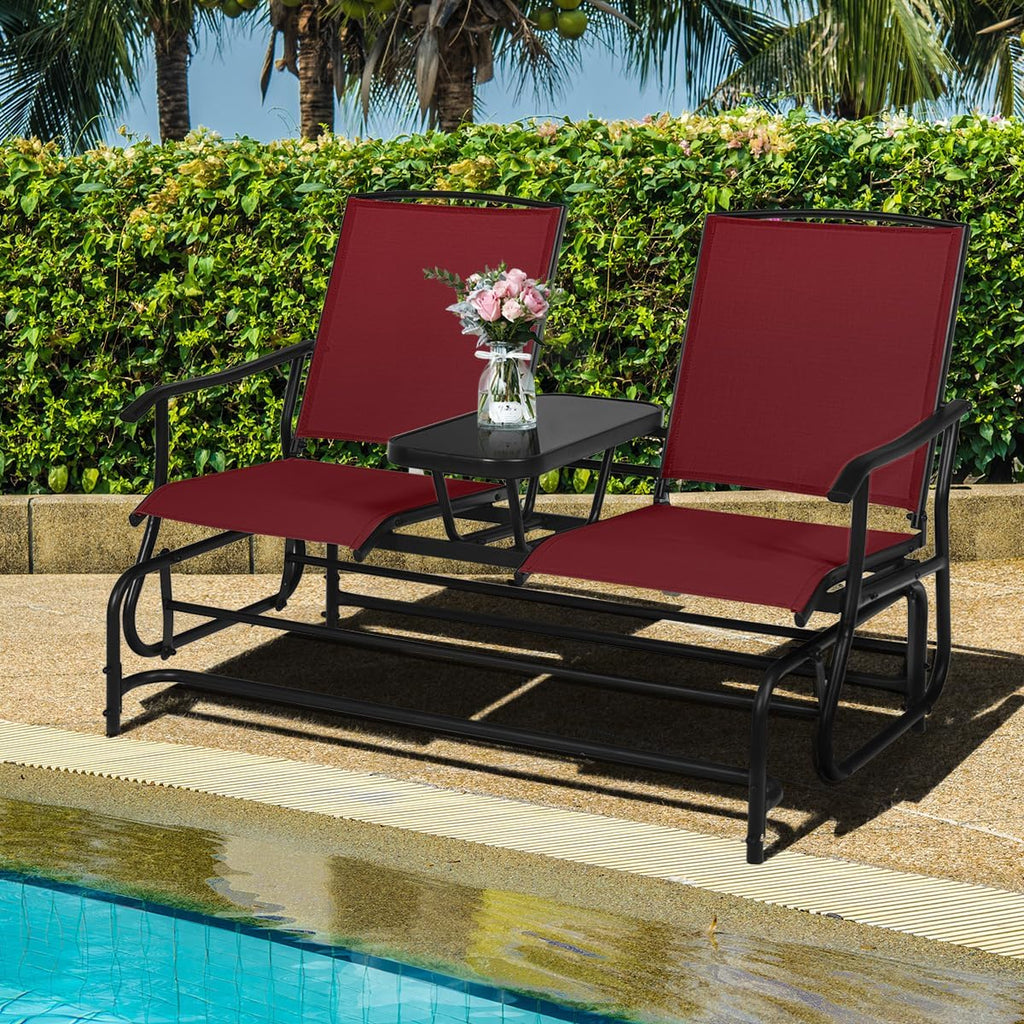 Giantex Outdoor Glider, Rocking Chair with Metal Frame, Center Tempered Glass Table, 2-Person Loveseat, Patio Glider Bench, Outside Swing Chair for Garden Yard Lawn Porch Patio Rocker (Burgundy)