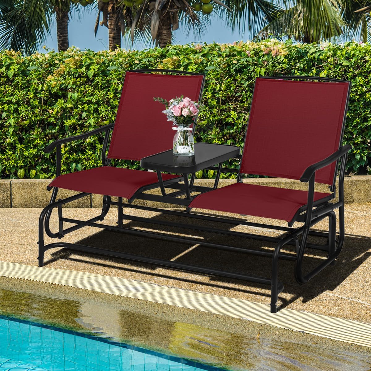 Giantex Outdoor Glider, Rocking Chair with Metal Frame, Center Tempered Glass Table, 2-Person Loveseat, Patio Glider Bench, Outside Swing Chair for Garden Yard Lawn Porch Patio Rocker (Burgundy)
