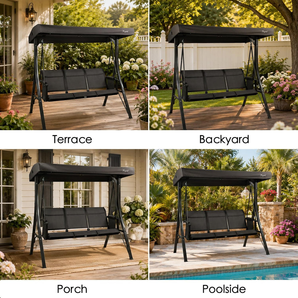 Kozyard Brenda 3-Seat Outdoor Porch Swing Glider, Patio Swing with Adjustable Canopy, Steel Frame, Breathable Textilene Seat & Back, Side Pockets (Gray)