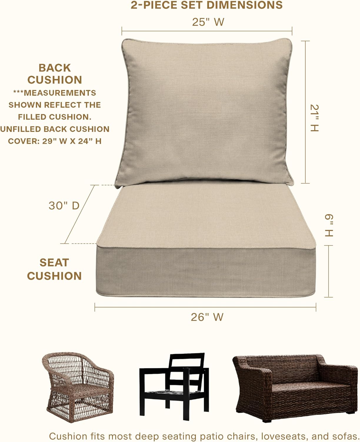 Honeycomb Outdoor Heritage Deep Seat, 26 x 30, Textured Solid Almond Chair Cushion with Removable Cover, for Patio Furniture