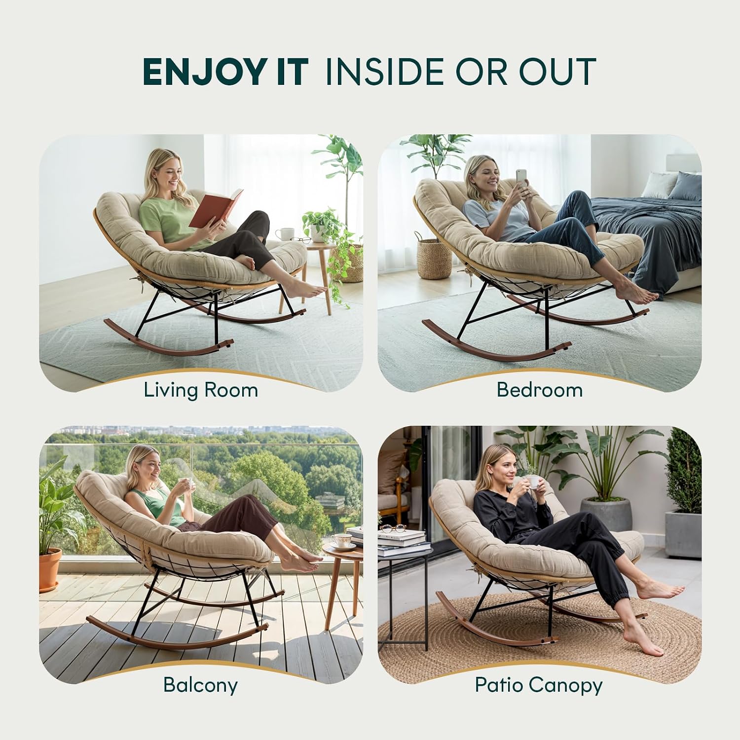 Bme Patio Rocking Chair Outdoor and Indoor, Modern Metal Lounge Rocker with Thick 7'' Cushion, 400lbs Capacity, Ergonomic Design, Easy Assembly, Beige Cushion - Wood Texture Rocker