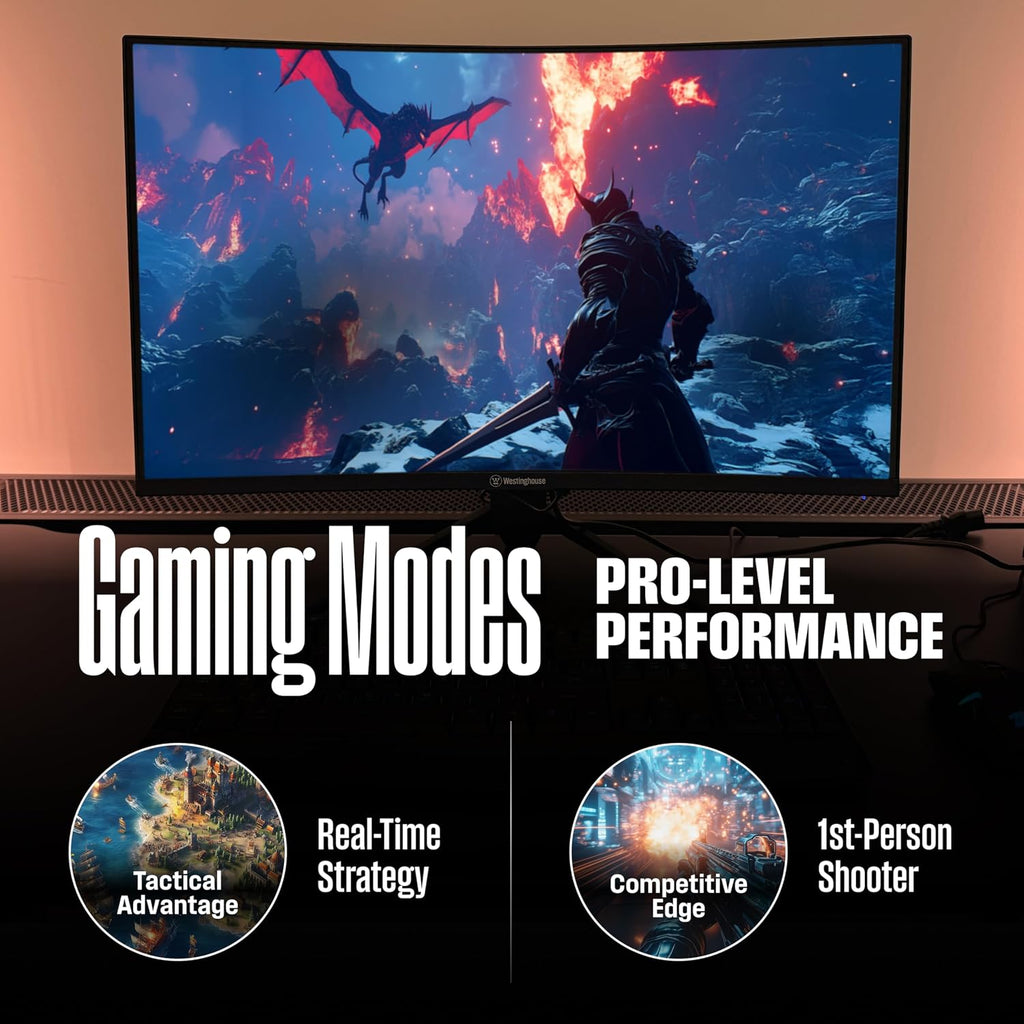 Westinghouse 27 Inch Curved Gaming Monitor, 200Hz, 1ms, FHD 1080P, 3000:1 Contrast Ratio, 118% sRGB, 1500R, AMD FreeSync, Eyecare, for PC Games with Built-in Speakers, DisplayPort, HDMIx2-Black