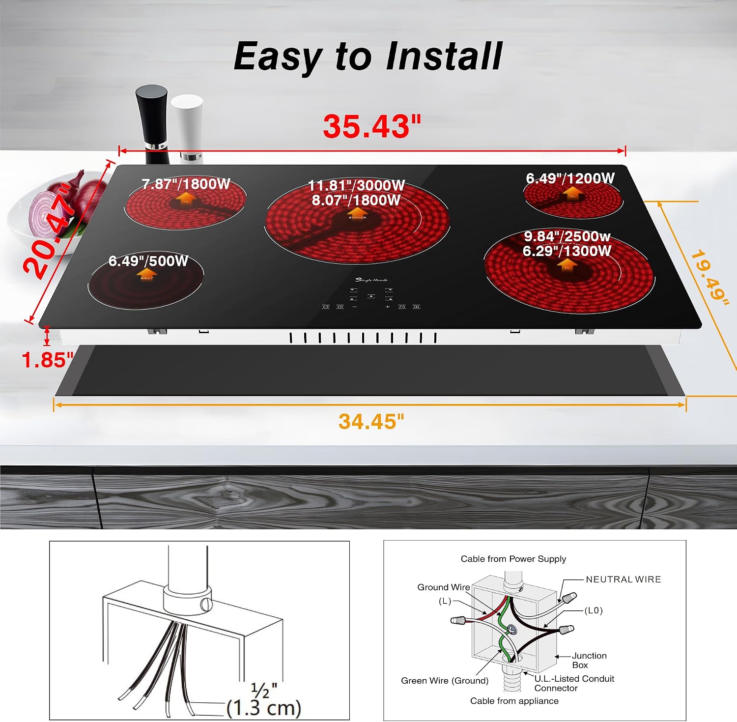 Electric Cooktop 36 Inch 5 Burners, Electric Stove Top, Built-in Ceramic Radiant Cooktop with Sensor Touch Control, Fast Heat, Multiple Safety Protection, 9000W with Hard Wire for 220V~240V