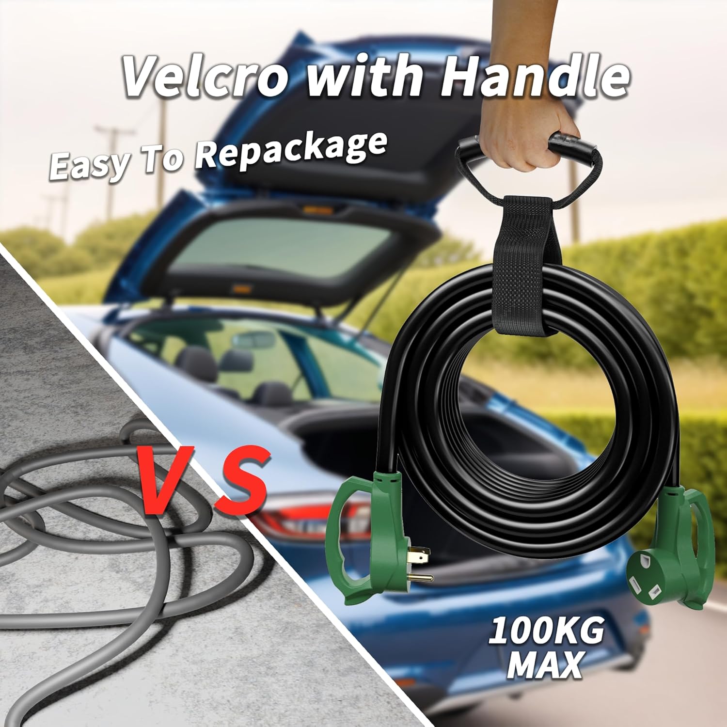 PlugSaf 100 FT 30 Amp RV Extension Cord Outdoor with Grip Handle, Flexible Heavy Duty 10/3 Gauge STW RV Power Cord Waterproof with Cable Organizer, NEMA TT-30P to TT-30R, Black-Green, ETL Listed