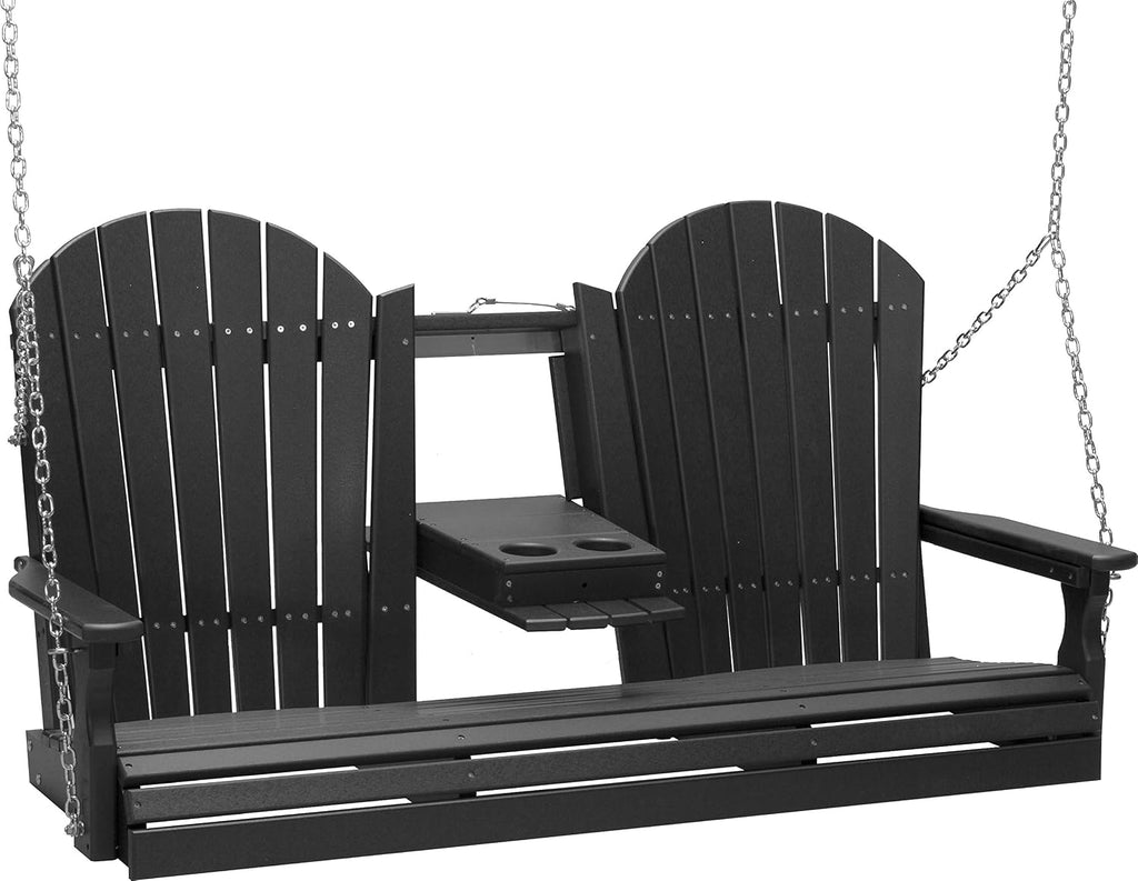 LuxCraft 5' Adirondack Hanging Porch Swing with Flip Down Console, 2 Person Swing, Outdoor Patio Swing, Front Porch Swing, Outdoor Swing Bench (Black)