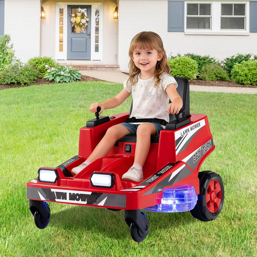 Costzon Ride on Lawn Mower for Kids, 12V Toddler Electric Car with 360° Twist and Turn, Dual Control Sticks, LED Lights, Outdoor Ride on Toy Gift for Boys & Girls Aged 3-8 (Red)