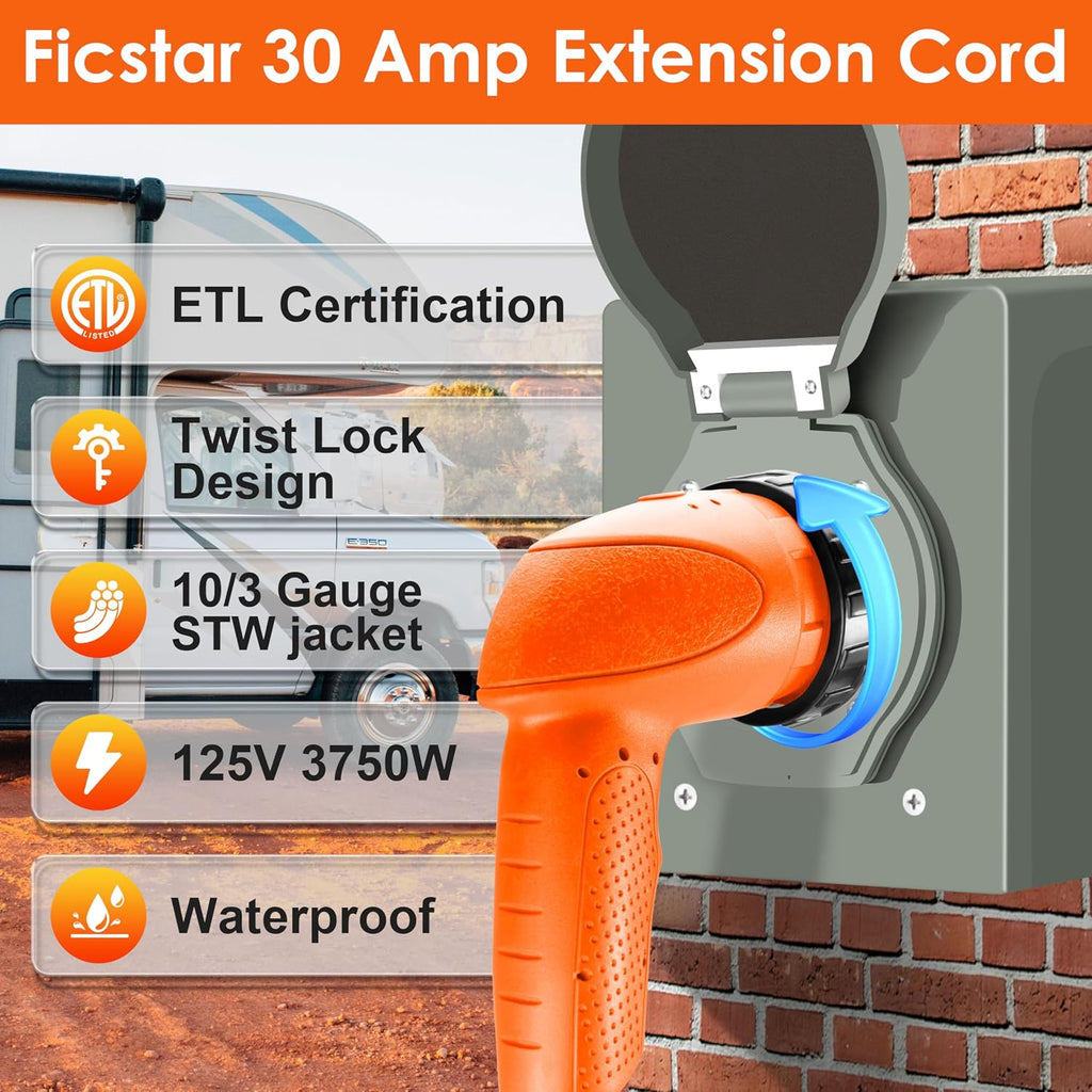 30 Amp RV Extension Cord,50 ft,Heavy Duty Generator Extension Cord with LED Power Indicator,30 AMP Female 90° Twist Lock Adapter with Reverse Polarity Lamp,NEMA TT-30P to L5-30R,120V/125V
