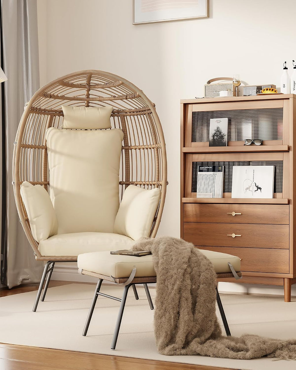 GAOMON Oversize Wicker Egg Chair with 4 Comfy Cushions, Big Egg Shaped Lounger with Ottoman, Rattan Reading Chairs for Indoor Outdoor Patio Porch Backyard, Beige