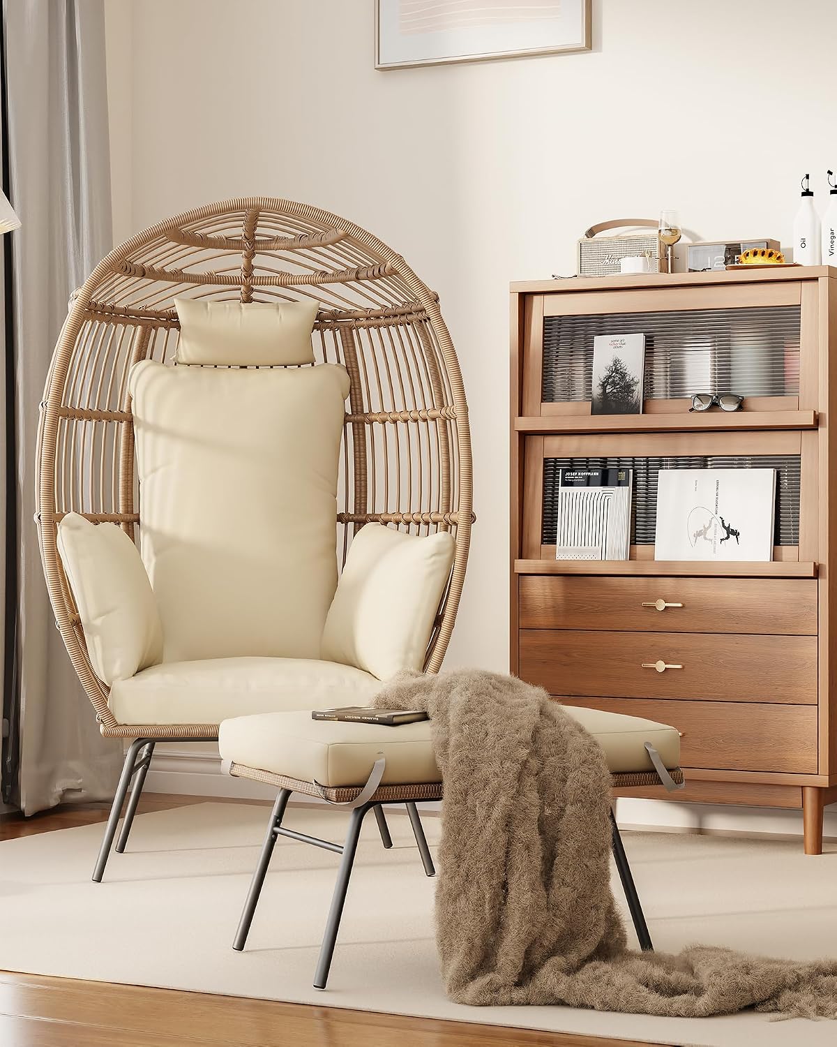 GAOMON Oversize Wicker Egg Chair with 4 Comfy Cushions, Big Egg Shaped Lounger with Ottoman, Rattan Reading Chairs for Indoor Outdoor Patio Porch Backyard, Beige