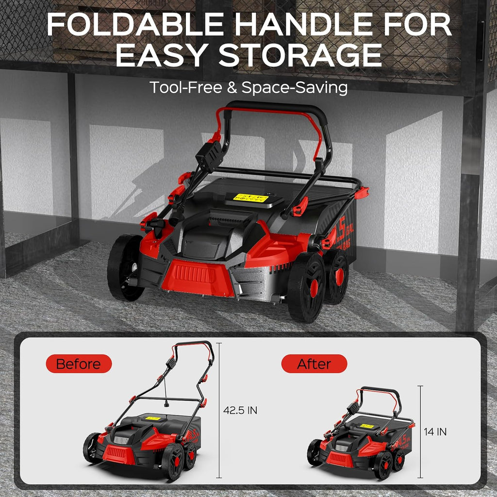 TIECTOWN 16-Inch 15.5 Amp 2-in-1 Electric Dethatcher and Scarifier with 14.5-Gallon Collection Bag, Lawn Dethatcher with 5-Position Depth Adjustment, Blade Replacement Without Tool - Red