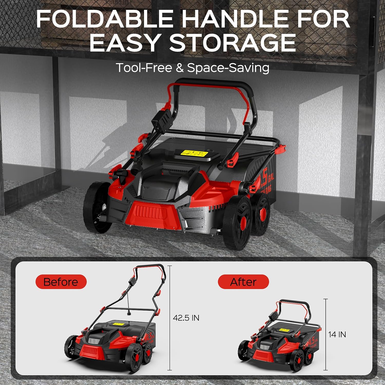 TIECTOWN 16-Inch 15.5 Amp 2-in-1 Electric Dethatcher and Scarifier with 14.5-Gallon Collection Bag, Lawn Dethatcher with 5-Position Depth Adjustment, Blade Replacement Without Tool - Red