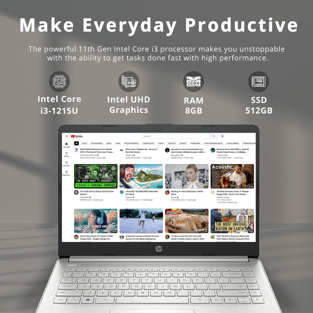 HP 14' FHD Anti-Glare Laptop, Intel i3-1215U, 8GB RAM, 512GB PCIe SSD, Intel UHD Graphics, Backlit Keyboard, HD Webcam, Wi-Fi, Bluetooth, Sliver, Windows 11 (Renewed)