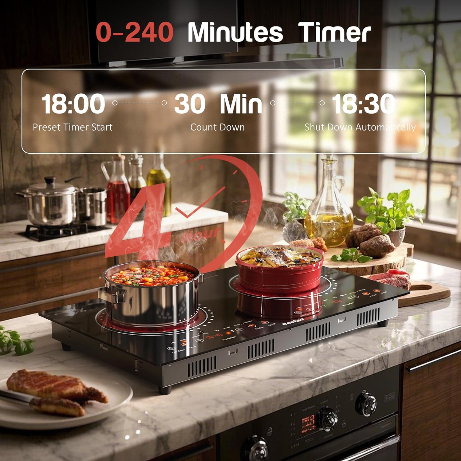 2 Burner Electric Cooktop - 24 Inch(23.6'x 13.8') Built-in & Countertop Electric Stove Top, 120V Double Burner Ceramic Cooktop Portable with Safety Lock, Timer, Touch Control, 110V Plug in