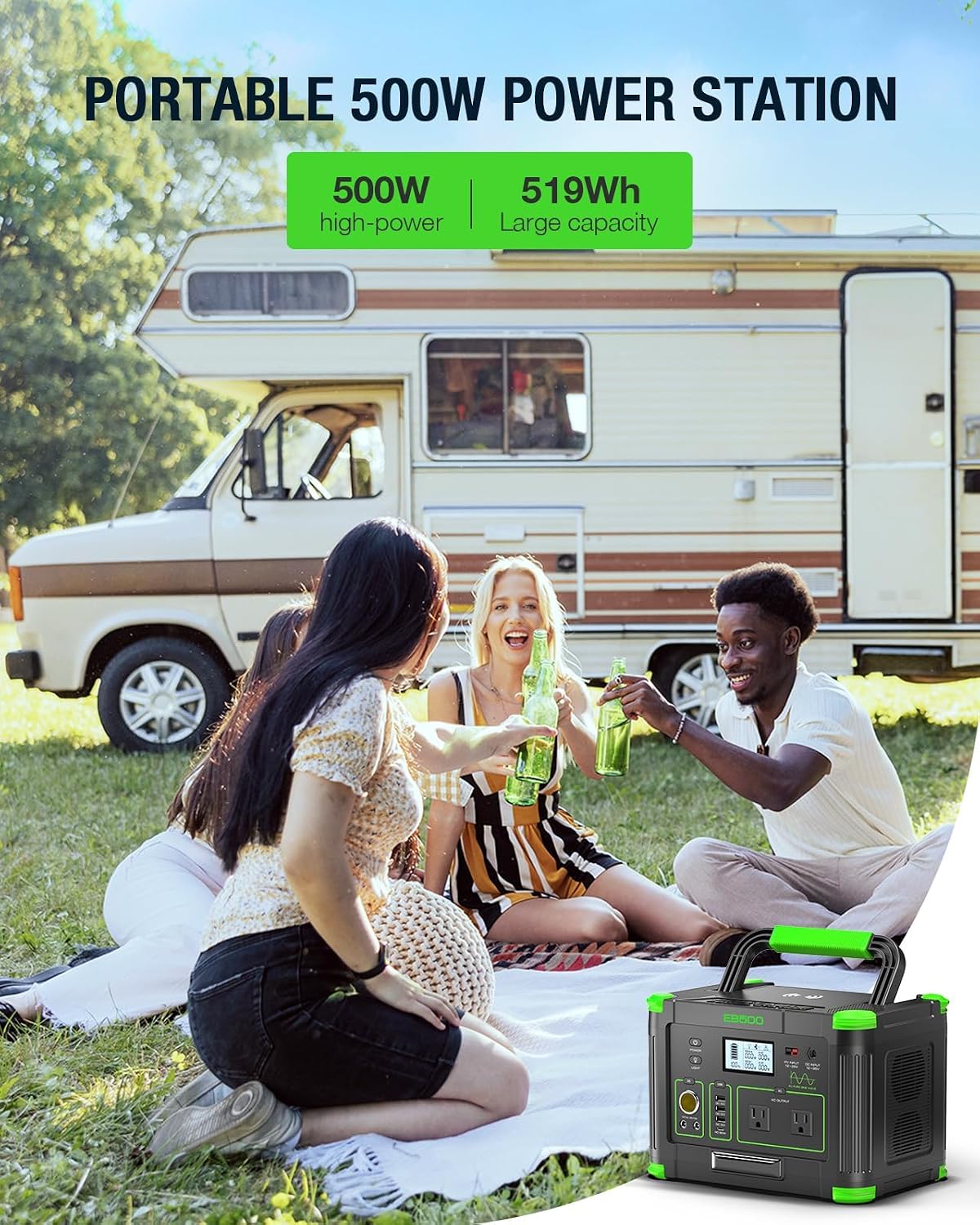 500W Portable Power Station, Solar Generator 519Wh (Peak 1000W) Lithium Battery Power Generator with 2 * 110V AC Outlets, Mobile Battery Backup Pack for RV Trip Camping, Outdoor Adventure, Home