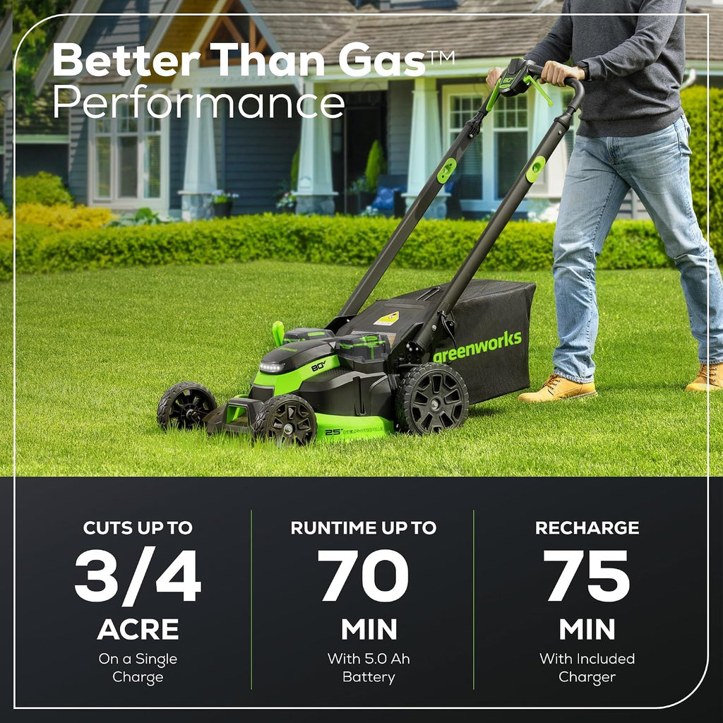 Greenworks 80V 25' Brushless Cordless ( Self-Propelled) Lawn Mower (75+ Compatible Tools), 5.0Ah Battery and Charger Included