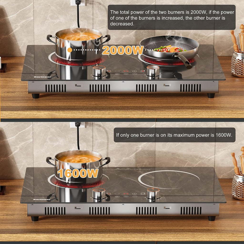 Karinear Electric Cooktop 2 Burner, 110V Electri Stove Top, 2000W Knob Control & Sensor Touch Electric Hot Plate for Countertop or Built-in Install, Timer, Safety Lock, 9 Power Level, 24 Inch