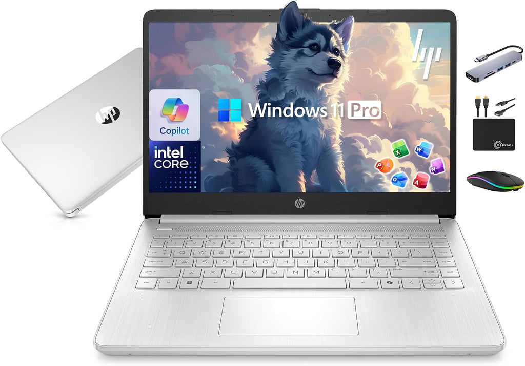 HP 14' Laptop Computer 2025-2026 Business Student, Copilot AI, Lifetime Office, 4-Core Intel CPU, 16GB RAM, 628GB Storage (128GB UFS +500GB Ext), Wi-Fi 6, 10+ Hrs, MarxsolAccessory, Win 11 Pro, Silver