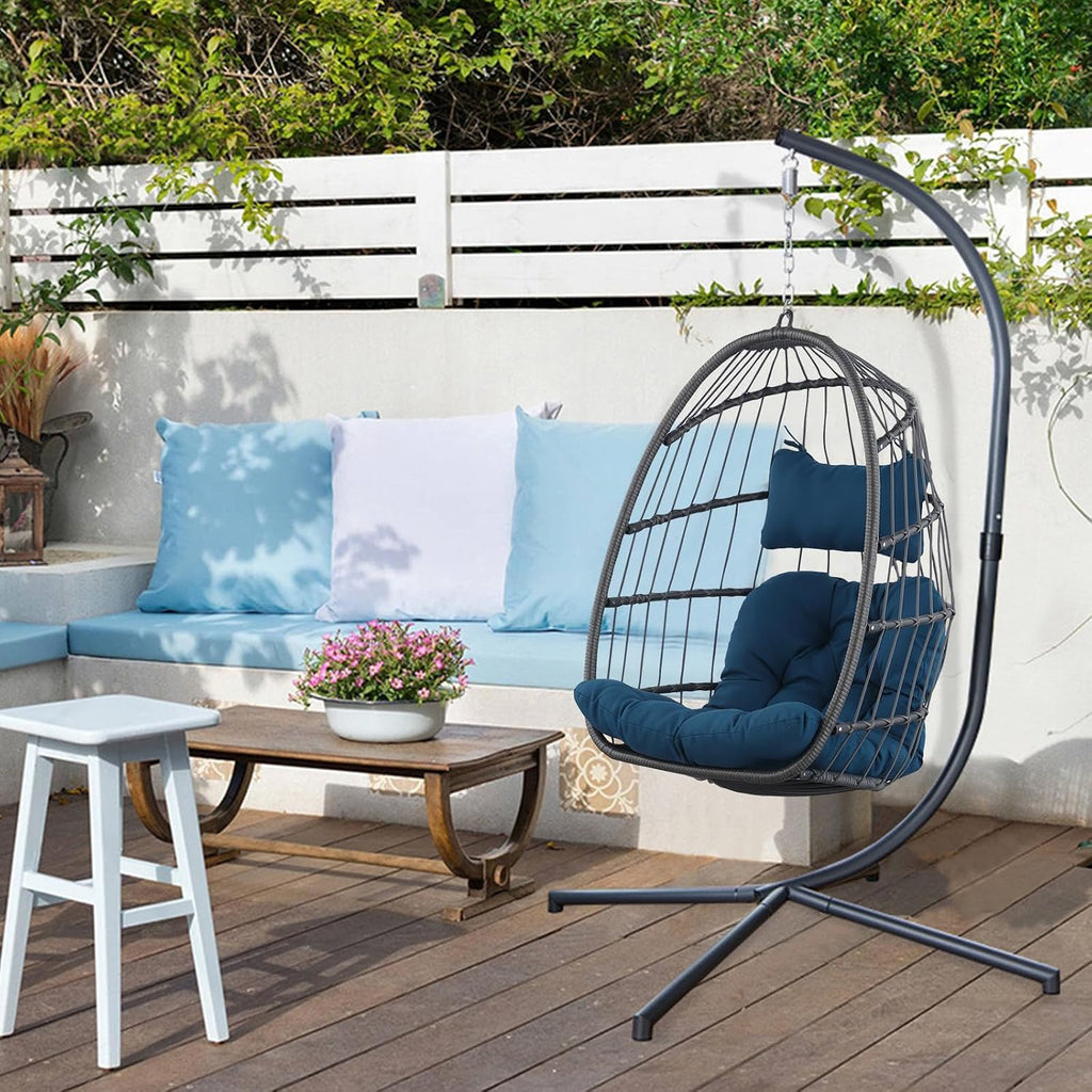Indoor Outdoor Patio Wicker Hanging Chair Swing Chair Patio Egg Chair UV Resistant Cushion Aluminum Frame (Teal Blue)