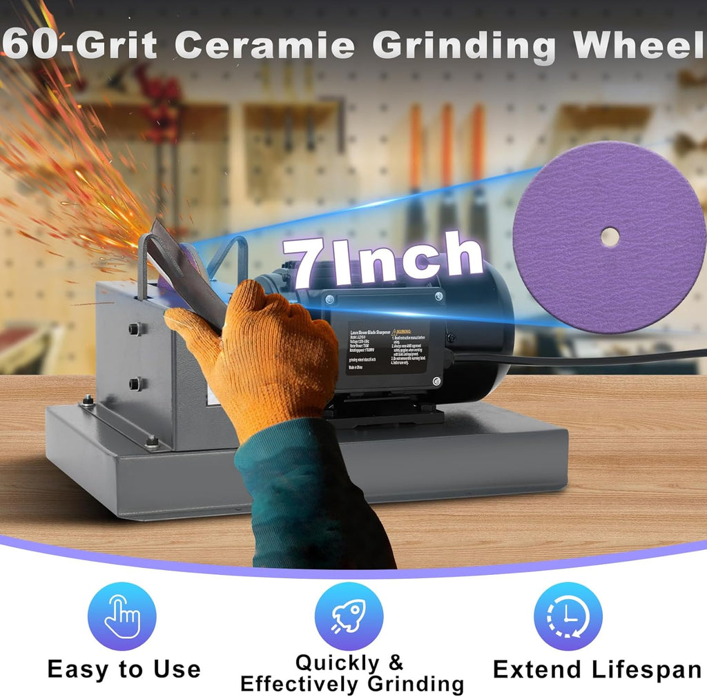 Lawn Mower Blade Sharpener, 2/3HP 500W Mower Grinder with 7 Inch Ceramic Grinding Wheel and 1 Pair 60 Grit Sandpaper & 40° Bracket for High/Low Lift, Gator & Flat Blades Sharpen