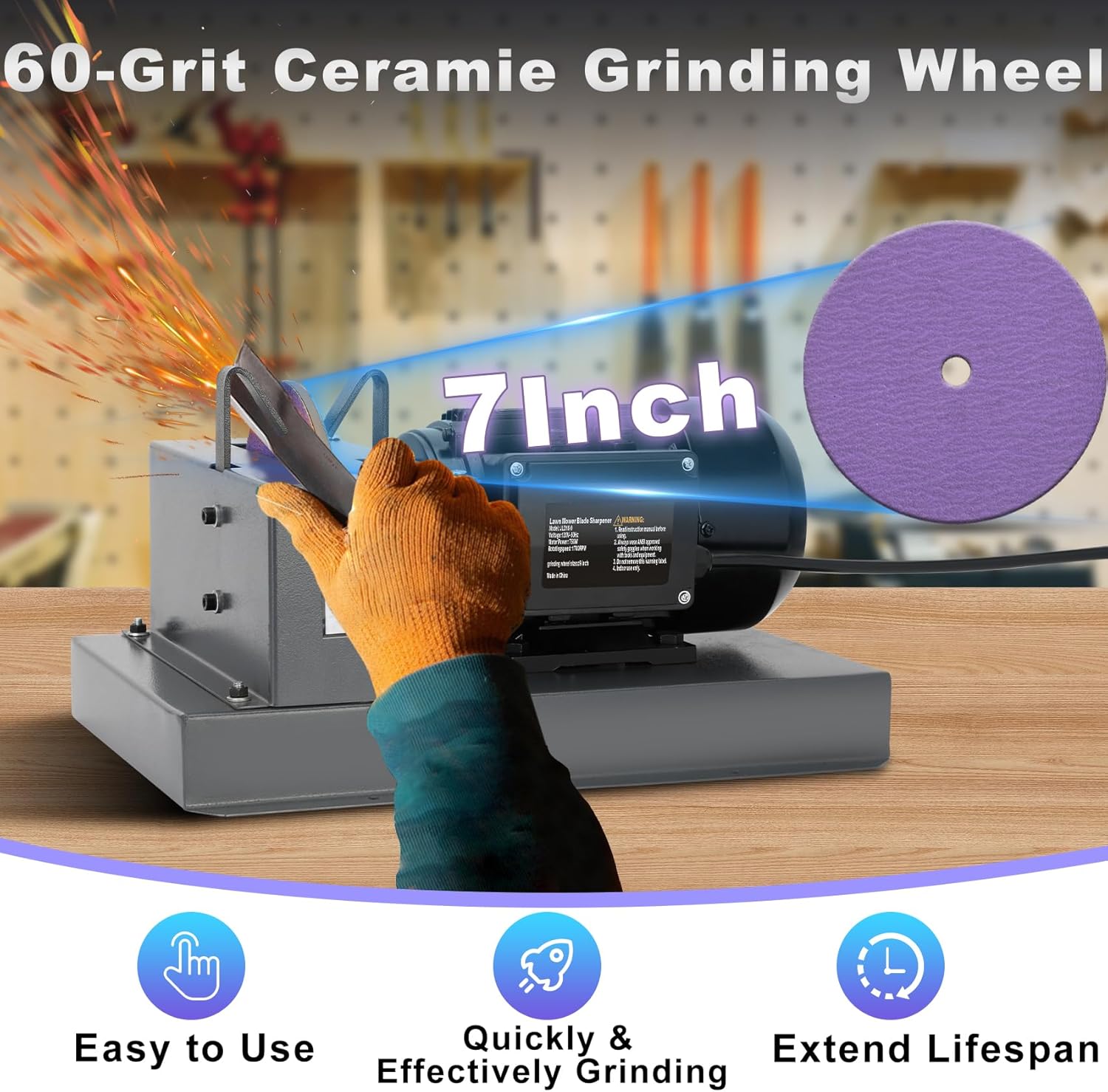 Lawn Mower Blade Sharpener, 2/3HP 500W Mower Grinder with 7 Inch Ceramic Grinding Wheel and 1 Pair 60 Grit Sandpaper & 40° Bracket for High/Low Lift, Gator & Flat Blades Sharpen