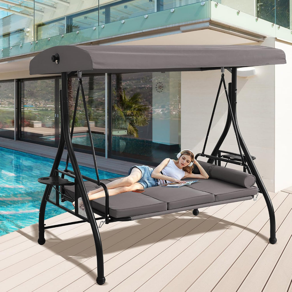 Patio Porch Swings with Adjustable Canopy - 3 Seat Outdoor Porch Swing Glider Bench with Stand, Heavy Duty Swing Bed W/Cushions Pillows and Cup Holder for Backyard Garden Lawn Poolside (Gray)