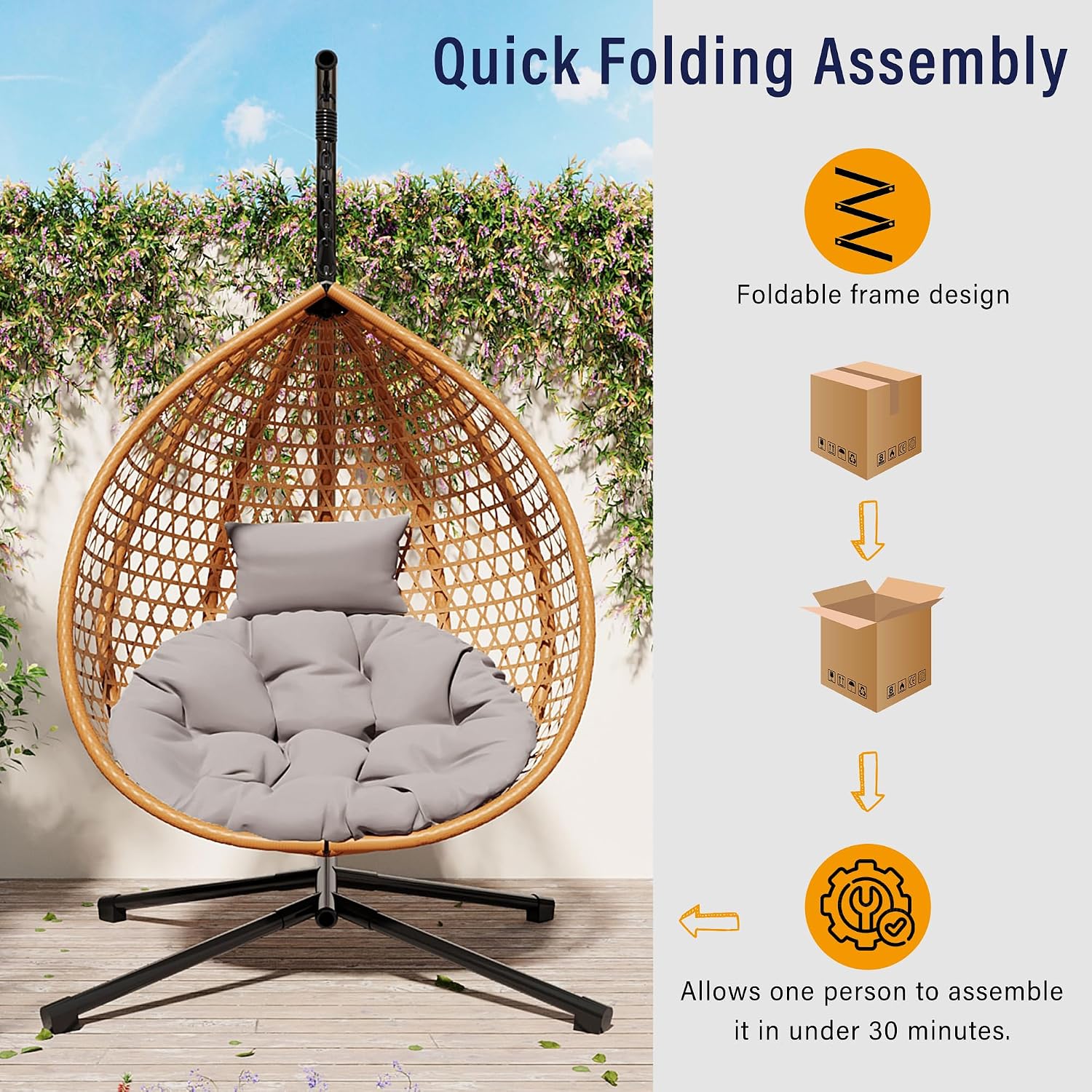 Single Hammock Chair with Stand Durable Hanging Egg Chair with Rattan Weaving, Indoor Outdoor Swing Chairs with Soft Removable Cushion for Balcony, Bedroom, Patio, or Garden, Natural+Grey