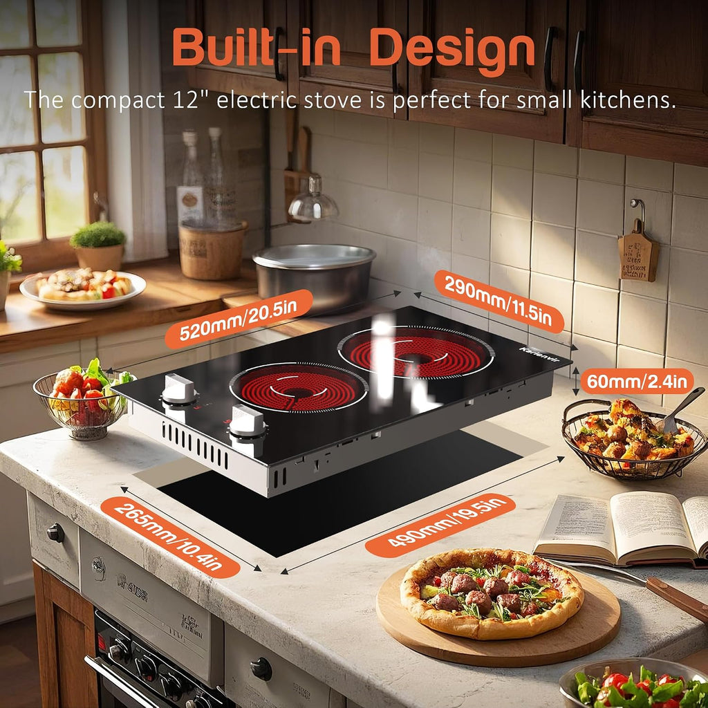 2 Burners Electric Cooktop 2000W, Plug in Electric Stove Top110v, Countertop & Built-in Cook top 12 Inch, 2 Burner Cooktop Knob Control, 9 Power Levels, Grey knob, Karienvir