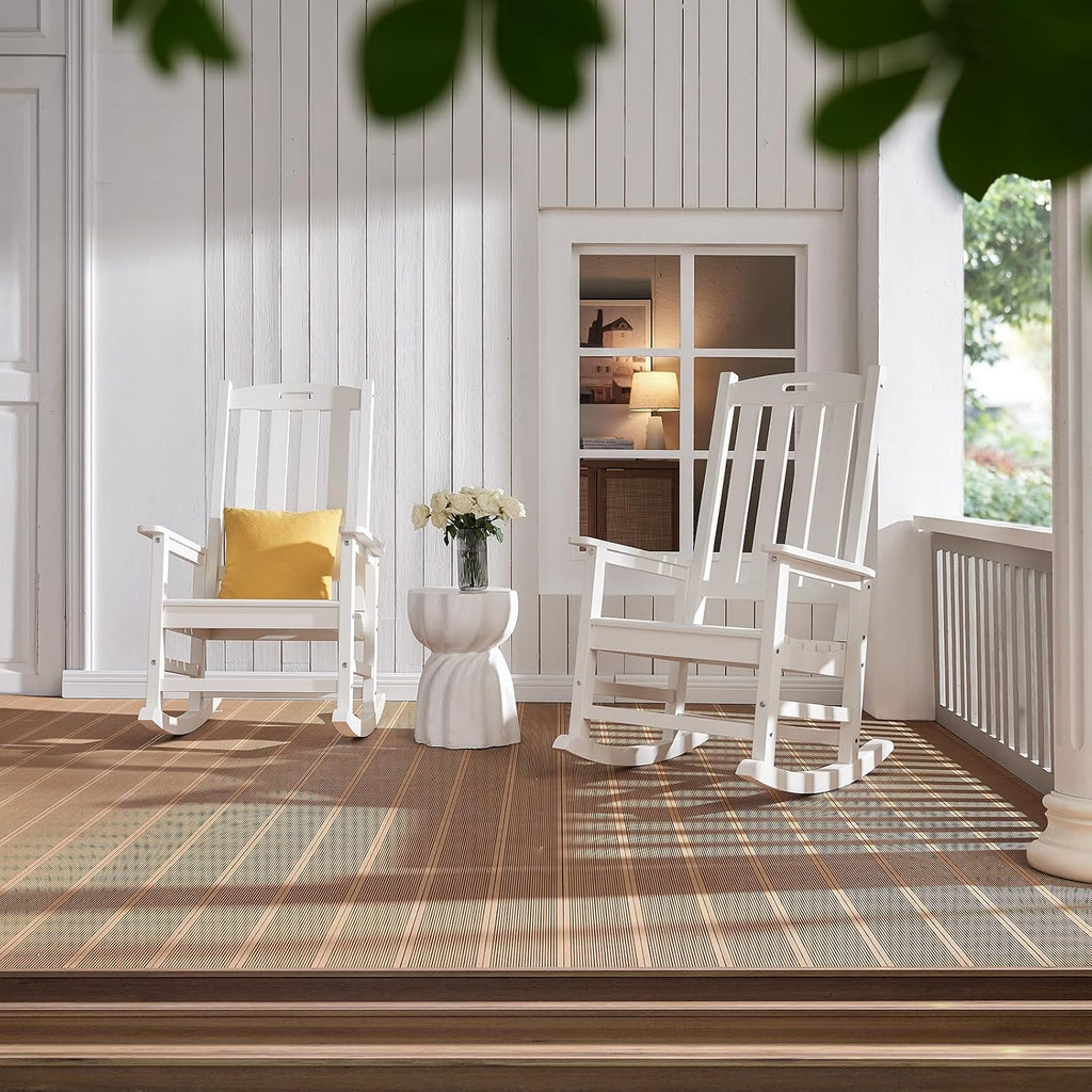 Psilvam Oversized Outdoor Rocking Chair Set of 2, Porch Rocker with 21' Wide Seat and 32' Tall Backrest, Pre-Assembled with Most Components for Effortless Installation (White)