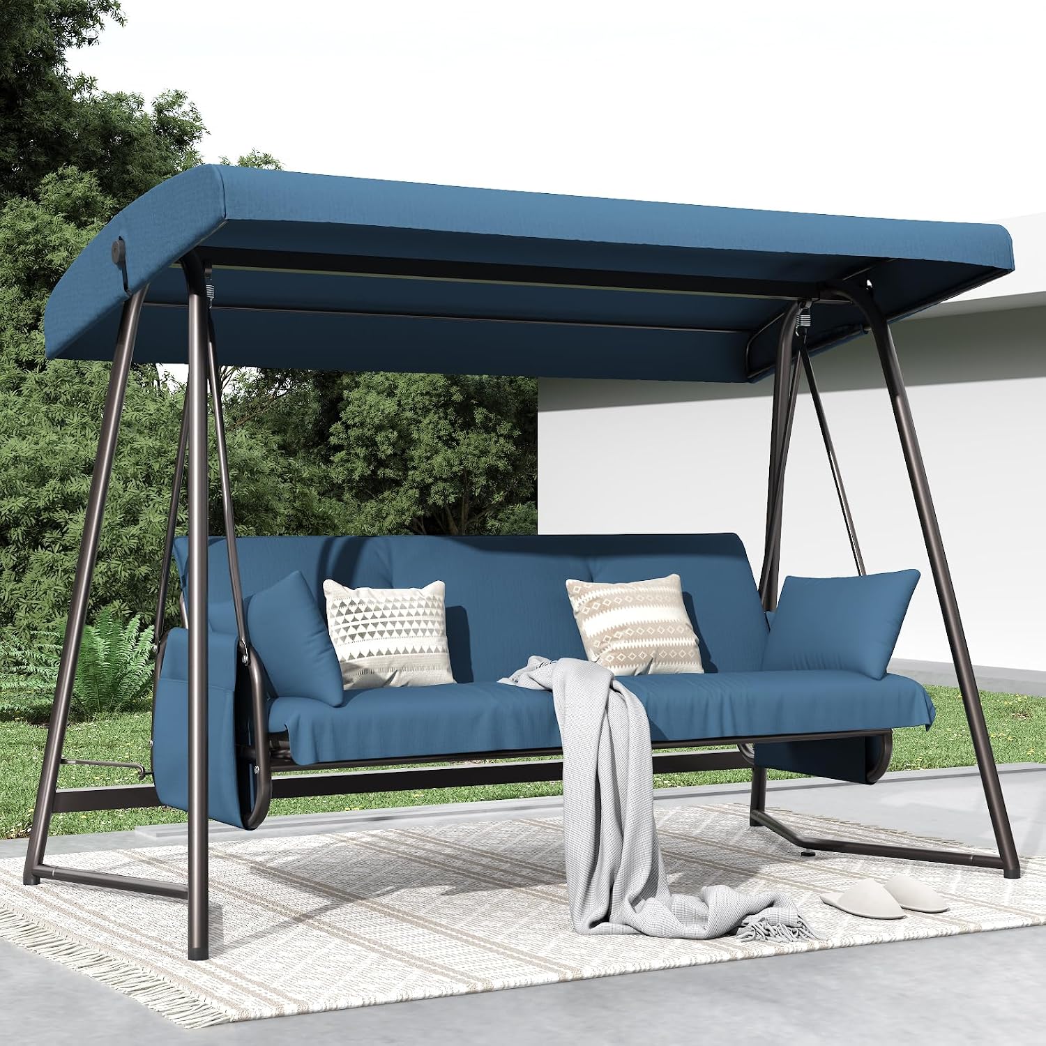 3-4 Seat Oversized Outdoor Porch Swing with Adjustable Backrest Canopy,2-in 1 Swing Bed with Stand 800 lbs Capacity,Patio Swing Chair with Removable Cushions for Yard Garden Poolside Balcony
