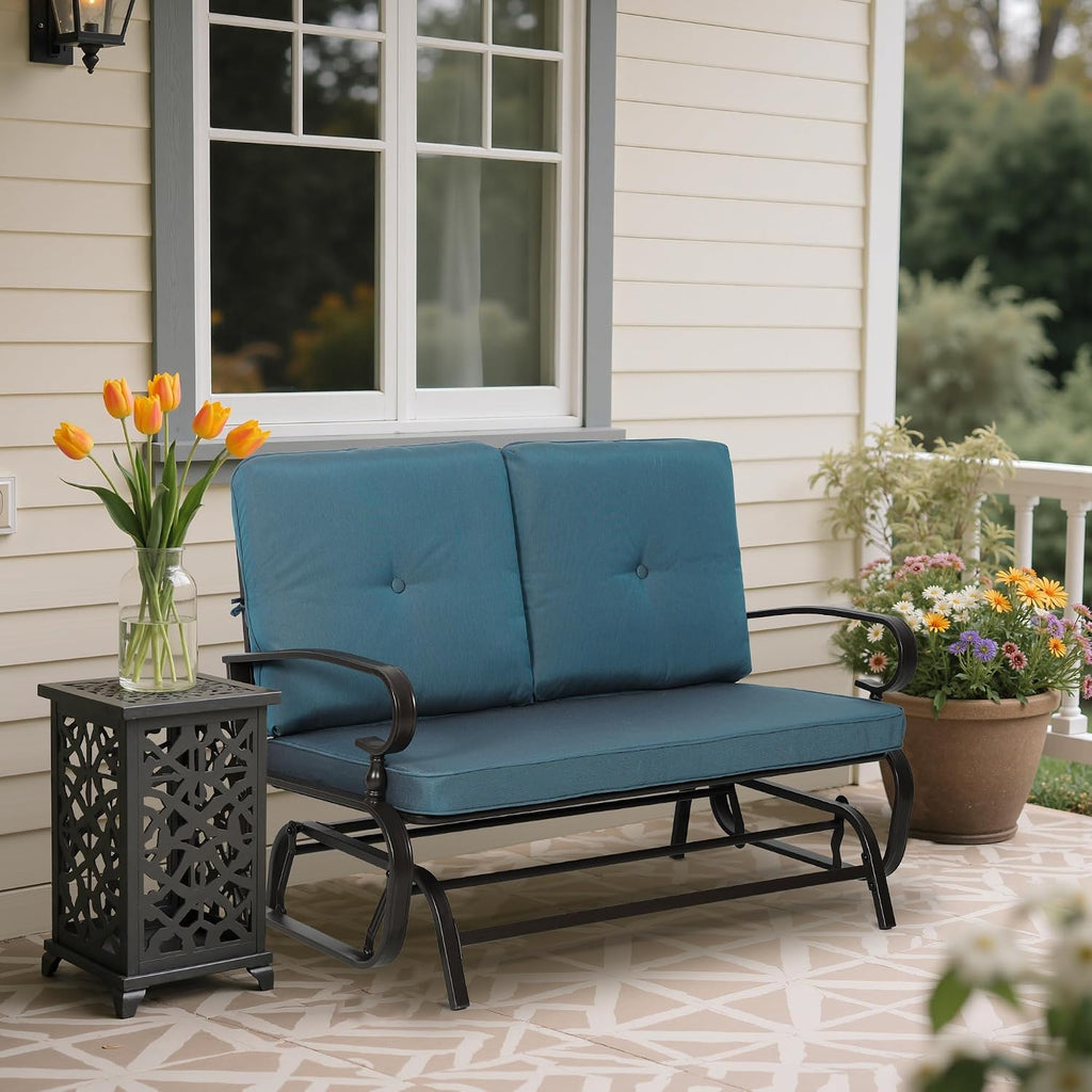 Outdoor Bench Patio Swing Glider Loveseat 2 Seats Rocking Chair, Wrought Iron Gliders for Outside Patio with Cushion (Blue)