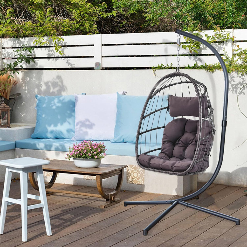 Indoor Outdoor Patio Wicker Hanging Chair Swing Chair Patio Egg Chair UV Resistant Cushion Aluminum Frame (Grey)