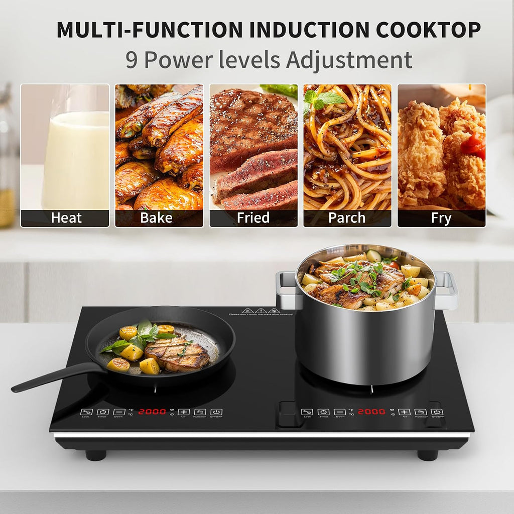 VBGK Double Induction Cooktop,110V 4000W Electric burner,2 burner Hot Plate LED Sensor Touch Energy-Saving induction stove top with Child Safety Lock & Timer 2 burner induction cooktop