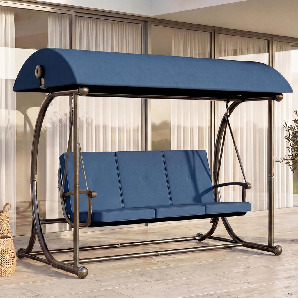 Outdoor Patio Swing Bed with Canopy, 3 Seat Porch Swing Chair for Adults, Heavy Duty Frame, Thick Cushions, Adjustable Backrest for Backyard Balcony Garden, Blue