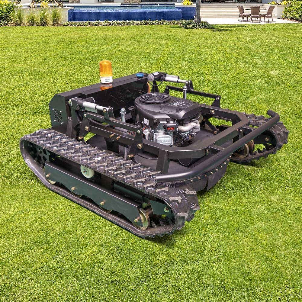 Remote-Controlled Tracked Robotic Lawnmower, Equipped with a 27hp High-Power Twin-Cylinder Engine and 48V Brushless Motor, All-Terrain Lawnmower, Climbing 65° Slope, Mowing Width 35.43 Inches