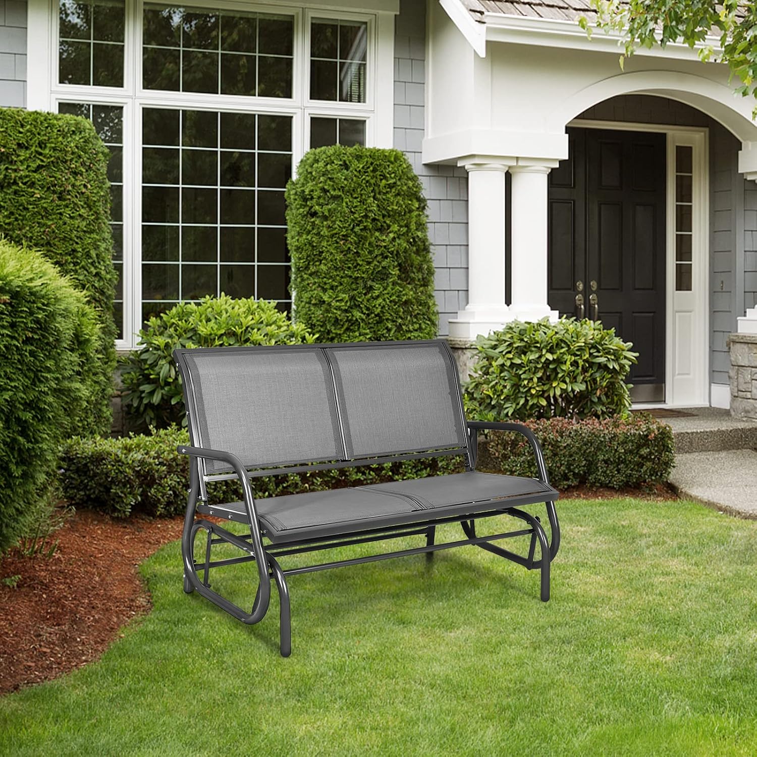 Tangkula 2 Person Patio Glider, Outdoor Swing Bench, Rocker Glider Loveseat Chair with Heavy-Duty Steel Frame, Breathable Seat Fabric, Rocking Lounge Chair for Poolside, Garden, Backyard, Porch (Gray)