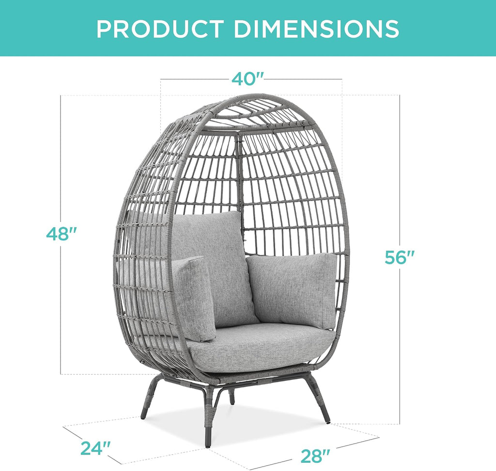Best Choice Products Wicker Egg Chair, Oversized Indoor Outdoor Lounger for Patio, Backyard, Living Room w/ 4 Cushions, Steel Frame, 440lb Capacity - Gray/Heather Gray