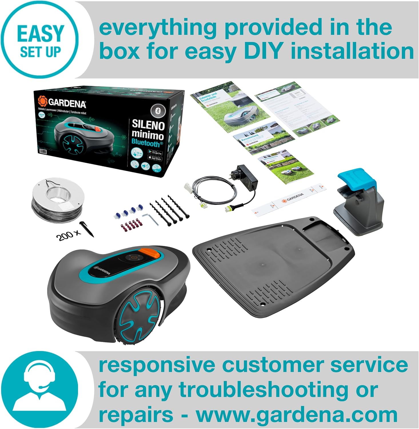 GARDENA 15202-41 SILENO Minimo - Automatic Robotic Lawn Mower, with Bluetooth app and Boundary Wire, one of The quietest in its Class, for lawns up to 5400 Sq Ft, Made in Europe, Grey