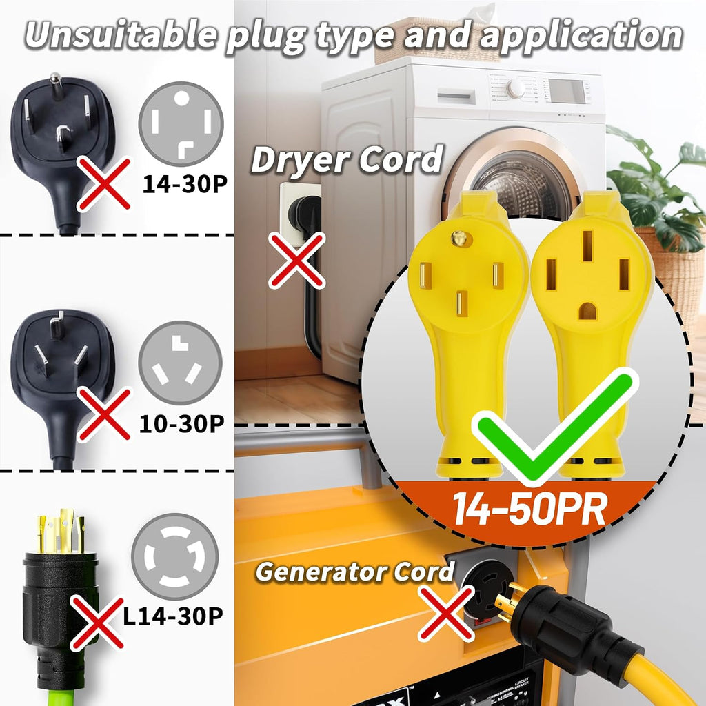 PlugSaf NEMA 14-50P/14-50R 50 FT 50 Amp RV/EV Extension Cord Outdoor with Grip Handle, 4 Prong Flexible Heavy Duty STW RV Power Cord Waterproof, 50A 125/250V 6250/12500W, Black-Yellow, ETL Listed