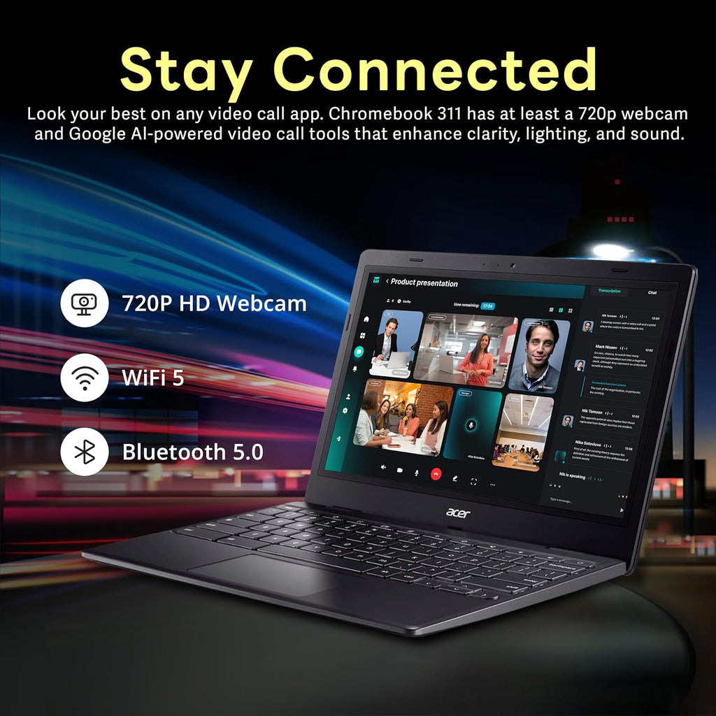 acer Chromebook 311 11.6' HD Laptop, Intel Celeron N4500, 4GB RAM, 224GB Storage (64GB eMMC + 160GB Docking Station Set), Intel UHD Graphics, Wi-Fi 5, Webcam, Chrome OS, Black