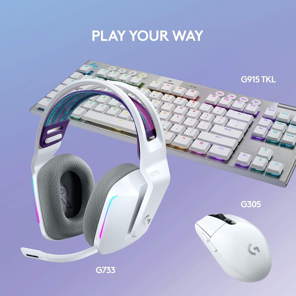 Logitech G733 Lightspeed Wireless Gaming Headset with Suspension Headband, LIGHTSYNC RGB, Blue VO!CE mic Technology and PRO-G Audio Drivers - White