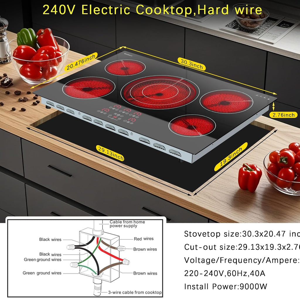 Karinear Electric Cooktop 30 Inch, Upgrade Sensor Touch 5 Burners Electric Stove Top, Built-in Ceramic Cooktop, Pause, Timer, Safety Lock, Triple Ring Expandable Burner,9000W, 220V