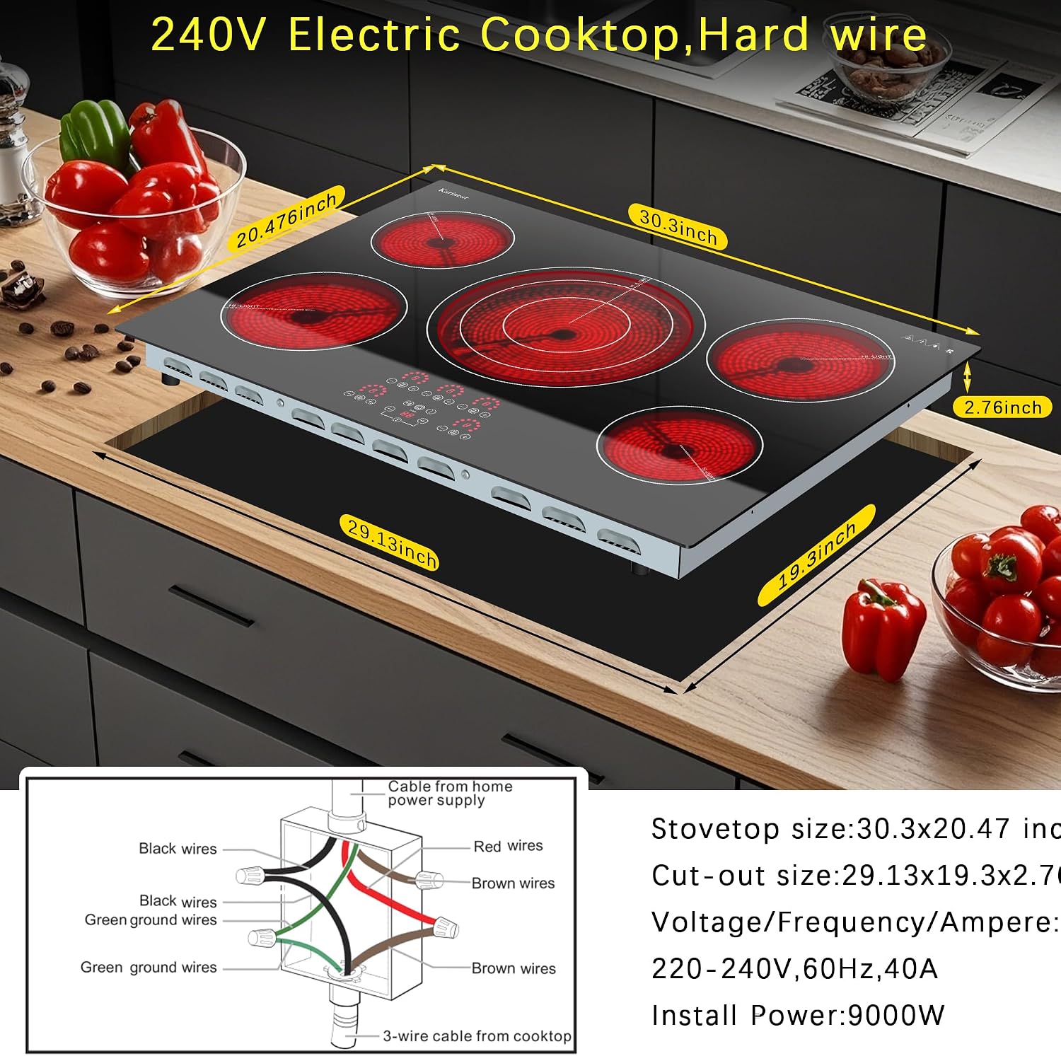 Karinear Electric Cooktop 30 Inch, Upgrade Sensor Touch 5 Burners Electric Stove Top, Built-in Ceramic Cooktop, Pause, Timer, Safety Lock, Triple Ring Expandable Burner,9000W, 220V