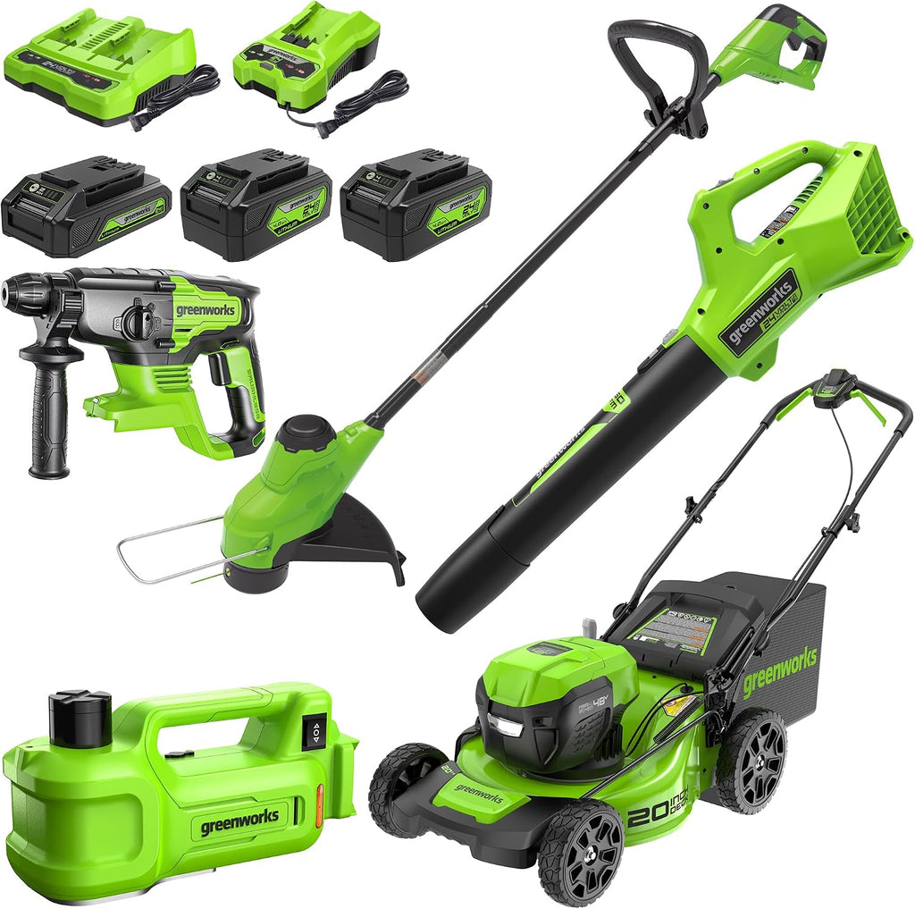 Greenworks 48V (24V x 2) Lawn Mower Combo Kit with 20' Push Mower, 12' String Trimmer, 320 CFM Blower, 3-Ton Car Jack, and 24V Cordless Rotary Hammer, Impact Rate 4500 IPM, Ideal for Yard & Indoor