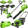 Greenworks 48V (24V x 2) Lawn Mower Combo Kit with 20' Push Mower, 12' String Trimmer, 320 CFM Blower, 3-Ton Car Jack, and 24V Cordless Rotary Hammer, Impact Rate 4500 IPM, Ideal for Yard & Indoor
