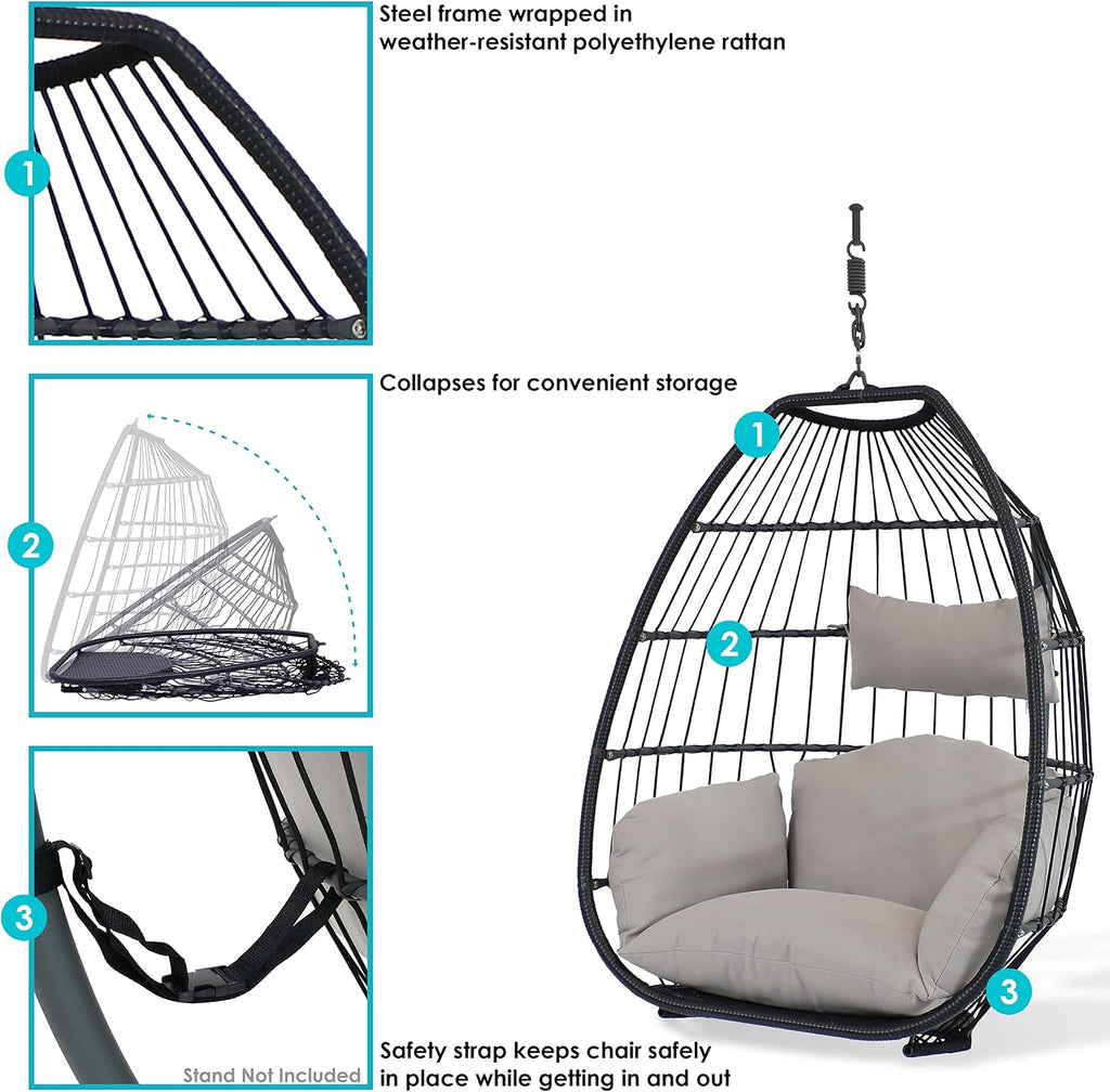 Sunnydaze Oliver Hanging Egg Chair with Seat Cushions - Black Resin Wicker Frame with Gray Polyester Cushions - 48-Inch