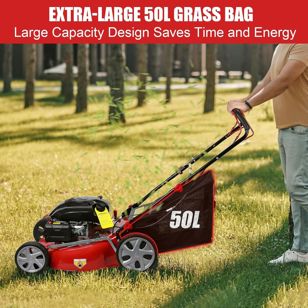 Self Propelled Gas Lawn Mower, 141cc Gas Engine Walk-BehindLawn Mower Cordless Walk-Behind Lawns Mowers with 20 Inches Blade 50L Grass Tank Big Wheels Red